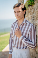 Wide Striped Brown and White Shirt in Linen Blend - Outlet