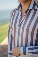 Wide Striped Brown and White Shirt in Linen Blend - Outlet