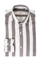 Wide Striped Brown and White Shirt in Linen Blend - Outlet
