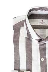 Wide Striped Brown and White Shirt in Linen Blend - Outlet