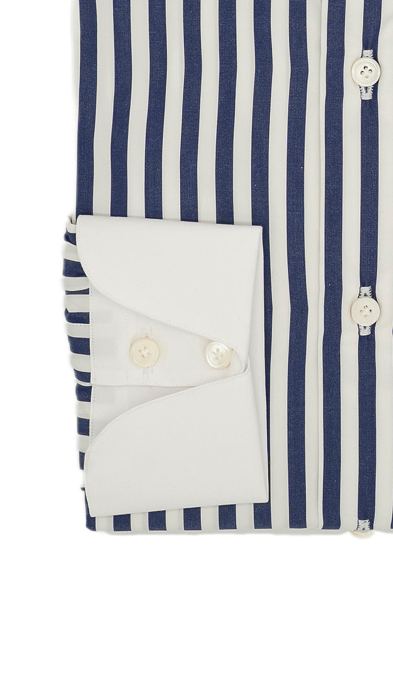 White Collar Bold Striped Blue Popeline Shirt