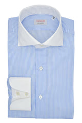 White and Azure  Striped Shirt with White Collar and Cuffs - Italian cotton - Handmade in Italy