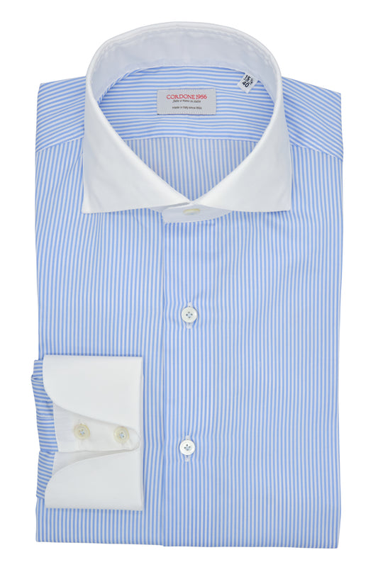 White and Azure  Striped Shirt with White Collar and Cuffs - Italian cotton - Handmade in Italy - VIP