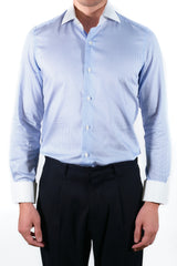 White and Azure  Striped Shirt with White Collar and Cuffs - Italian cotton - Handmade in Italy - VIP