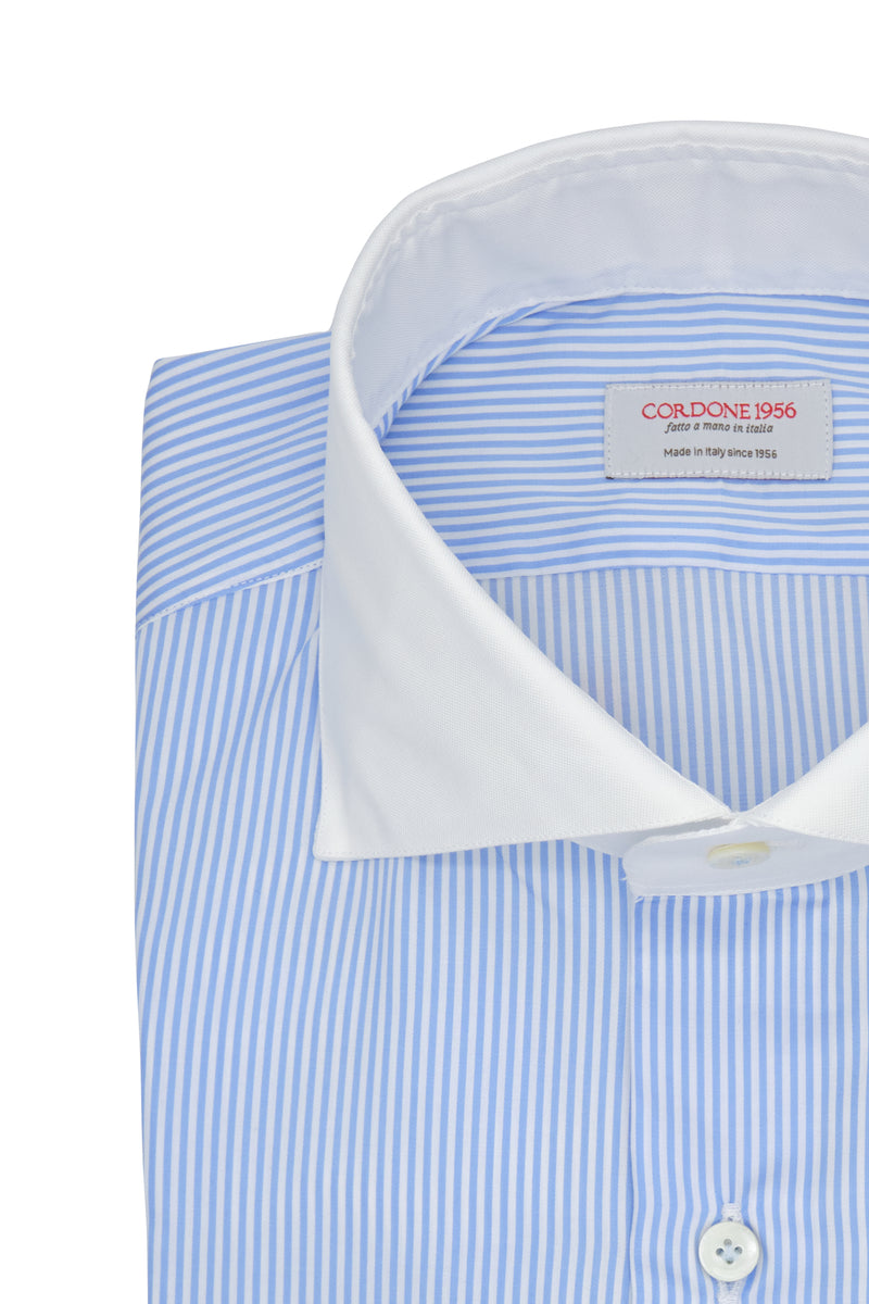 White and Azure  Striped Shirt with White Collar and Cuffs - Italian cotton - Handmade in Italy