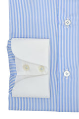 White and Azure  Striped Shirt with White Collar and Cuffs - Italian cotton - Handmade in Italy