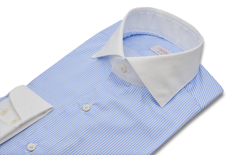 White and Azure  Striped Shirt with White Collar and Cuffs - Italian cotton - Handmade in Italy