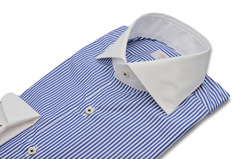 White and Blue Striped Shirt with White Collar and Cuffs - Italian cotton - Handmade in Italy