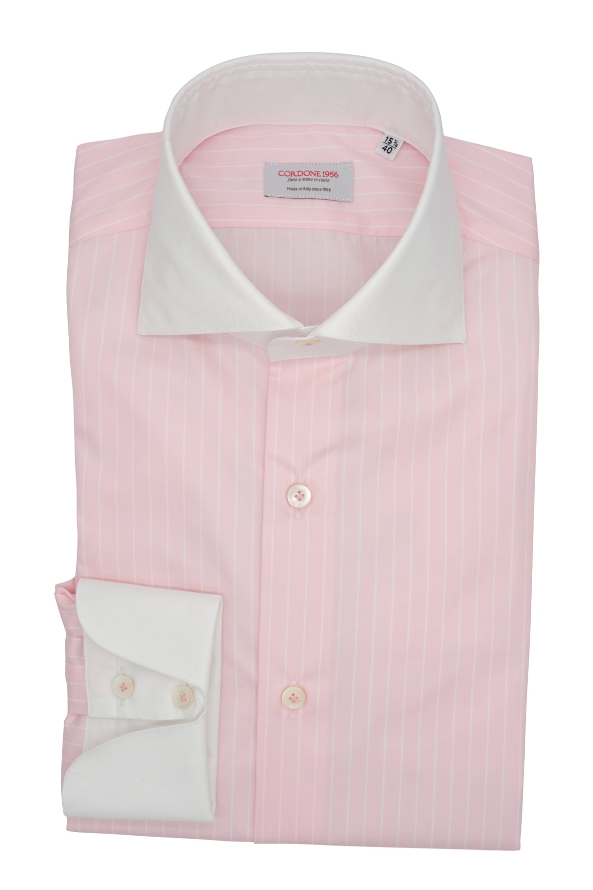 pink white collar dress shirt Men's Pink Stripe Contrast Collar Formal Shirt With Double Cuffs