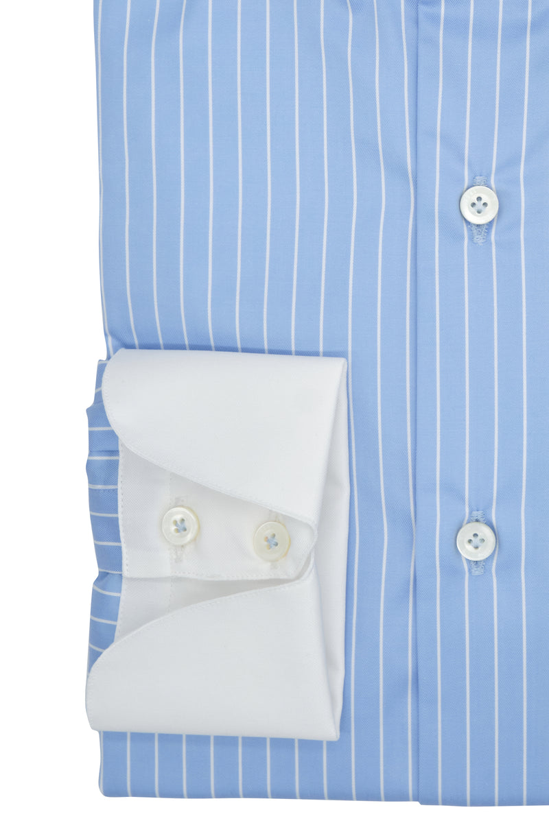 White and Azure Little Striped Shirt with White Collar and Cuffs - Italian cotton - Handmade in Italy