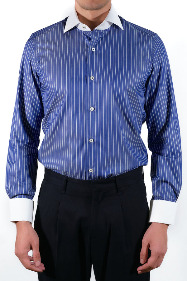 White and Blue Little Striped Shirt with White Collar and Cuffs - Italian cotton - Handmade in Italy