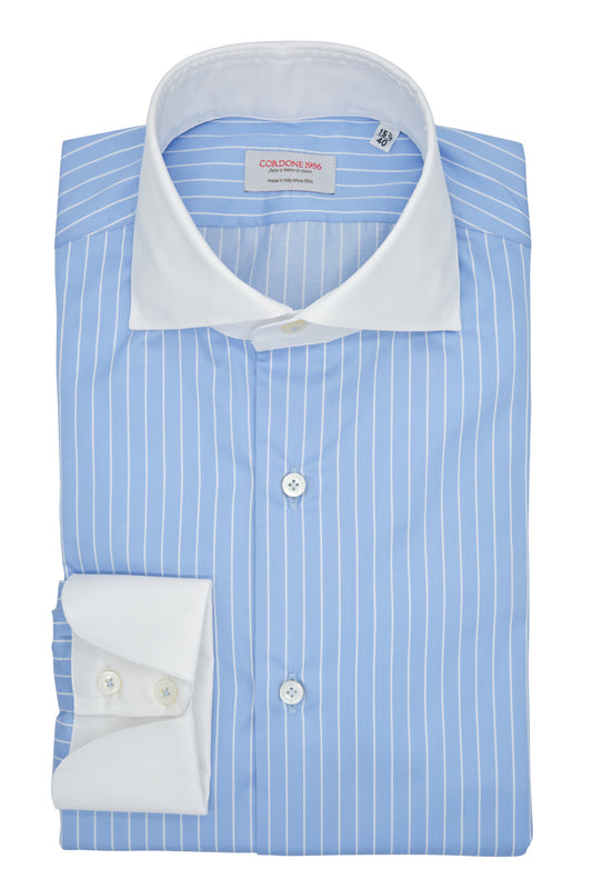 White and Azure Little Striped Shirt with White Collar and Cuffs - Italian cotton - Handmade in Italy - VIP