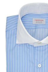 White and Azure Little Striped Shirt with White Collar and Cuffs - Italian cotton - Handmade in Italy