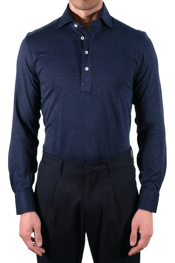 Polo Shirt Blue in Cashmere and Cotton - Italian Cotton Cashmere- Handmade in Italy