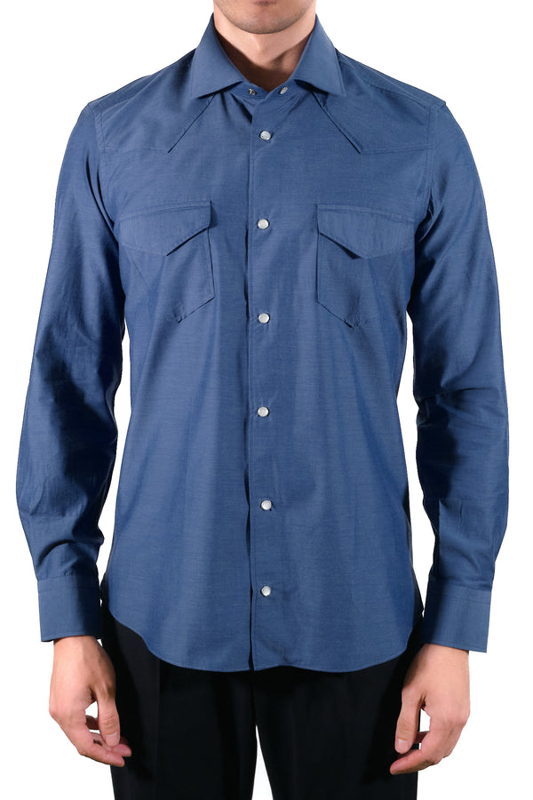 Blue Wool and Cotton Tex Shirt- Italian Cotton Wool - Handmade in Italy