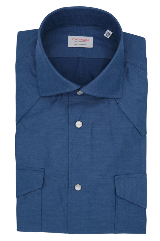 Blue Wool and Cotton Tex Shirt- Italian Cotton Wool - Handmade in Italy - VIP