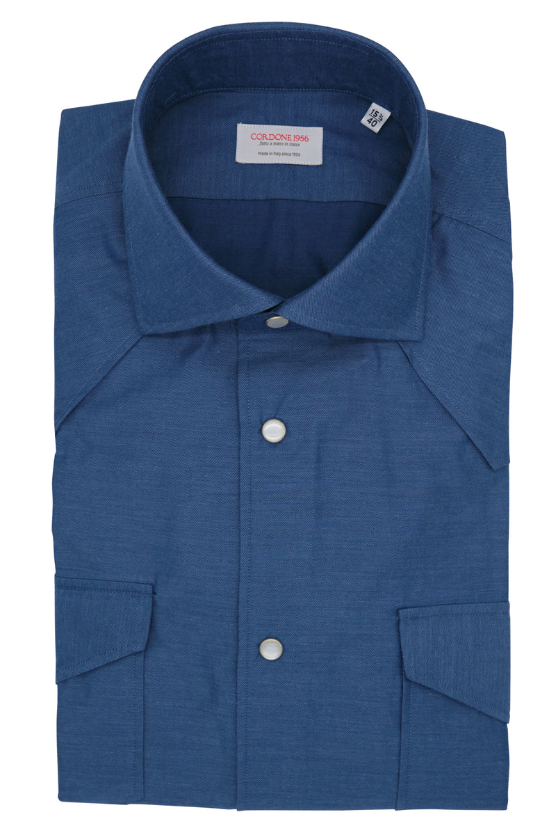 Blue Wool and Cotton Tex Shirt- Italian Cotton Wool - Handmade in Italy