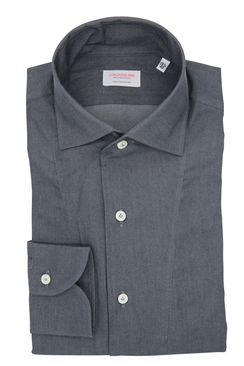 One Piece Collar Gray Denim Shirt- Italian Cotton - Handmade in Italy