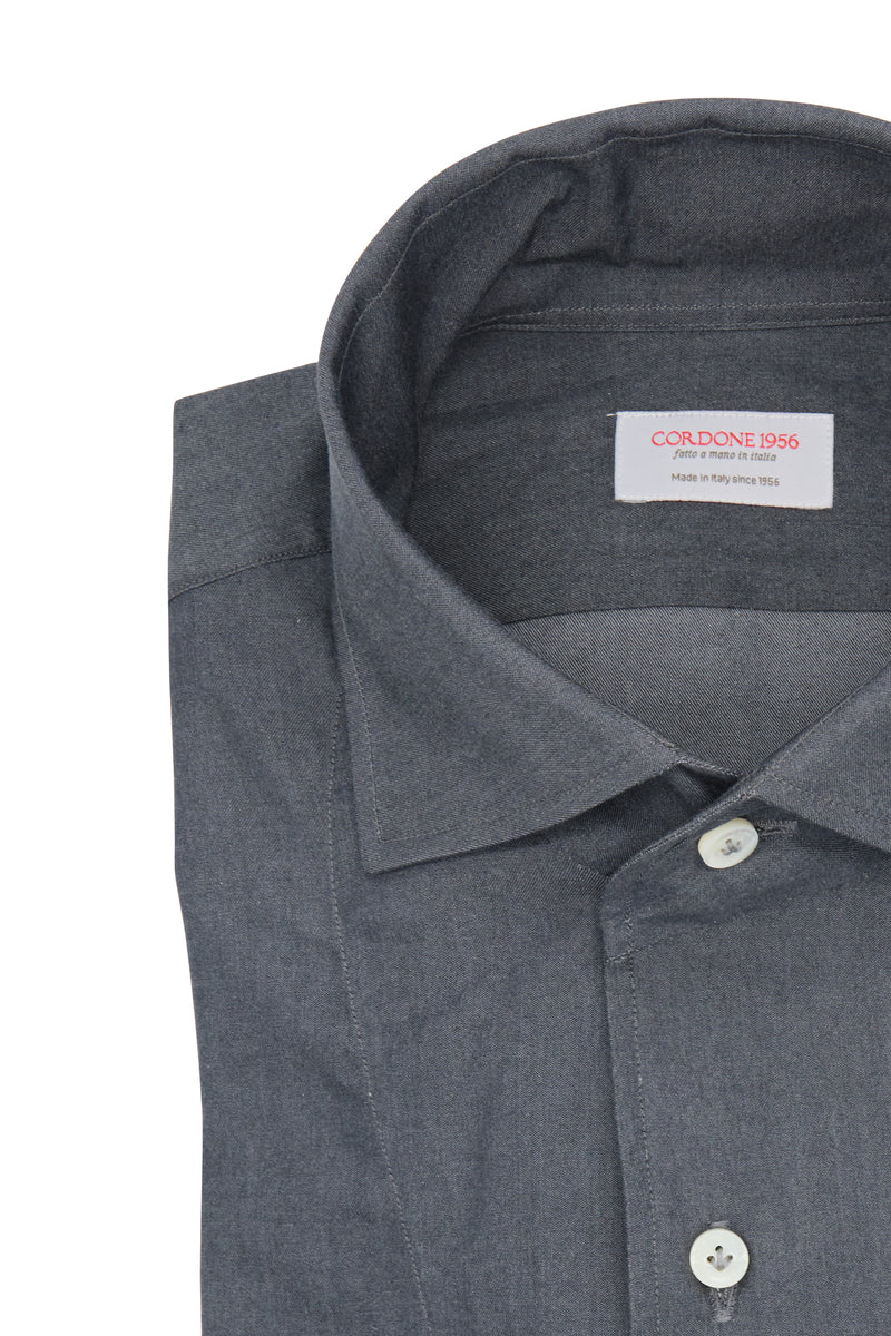 One Piece Collar Gray Denim Shirt- Italian Cotton - Handmade in Italy