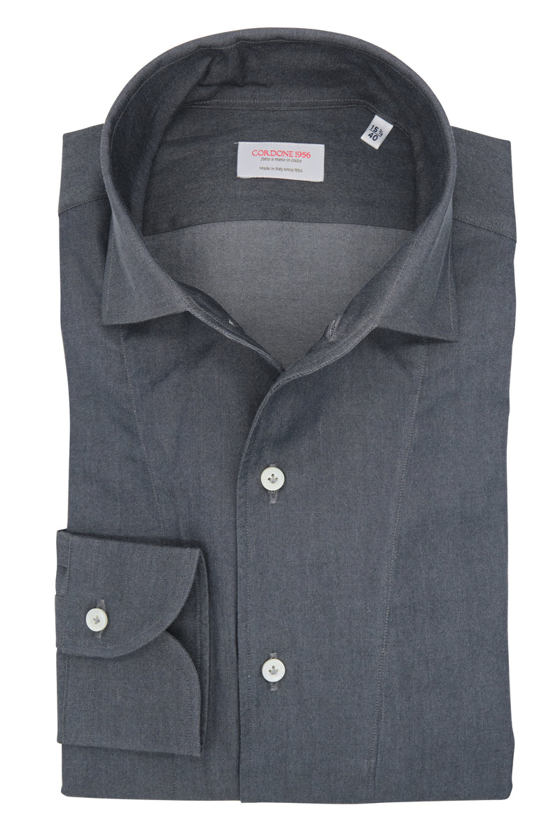 One Piece Collar Gray Denim Shirt- Italian Cotton - Handmade in Italy