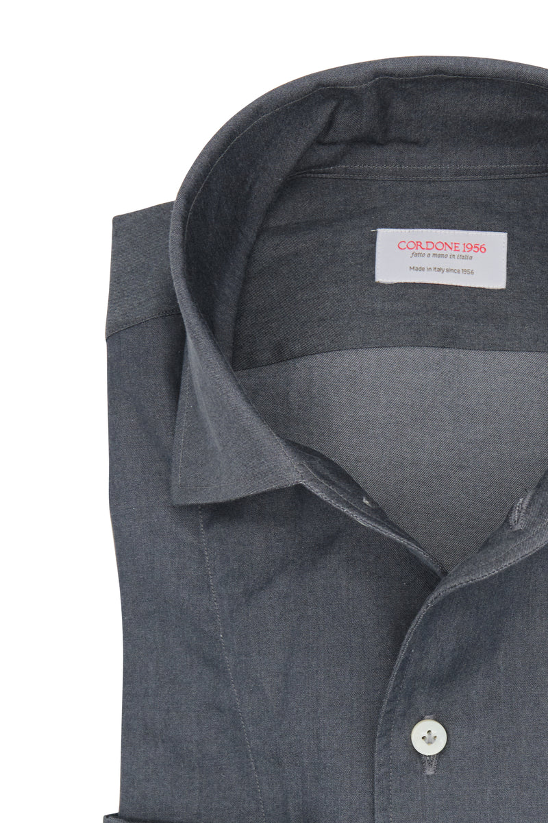 One Piece Collar Gray Denim Shirt- Italian Cotton - Handmade in Italy