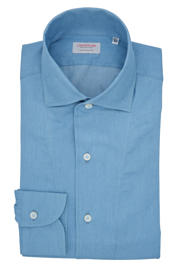 One Piece Collar Denim Shirt- Italian Cotton - Handmade in Italy