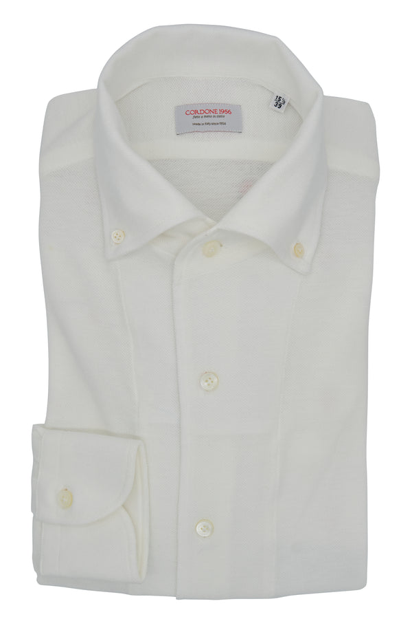 White Jersey One Piece Collar Button Down Shirt- Italian Cotton - Handmade in Italy