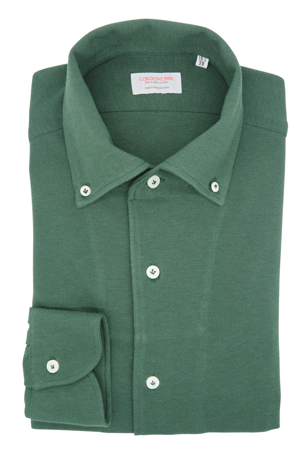 Green Jersey One Piece Collar Button Down Shirt- Italian Cotton - Handmade in Italy