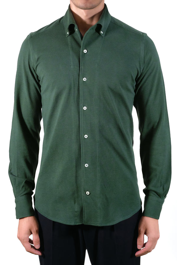 Green Jersey One Piece Collar Button Down Shirt- Italian Cotton - Handmade in Italy