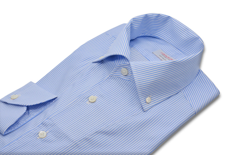 White and Azure  Striped One Piece Collar Button Down Shirt- Italian Cotton - Handmade in Italy