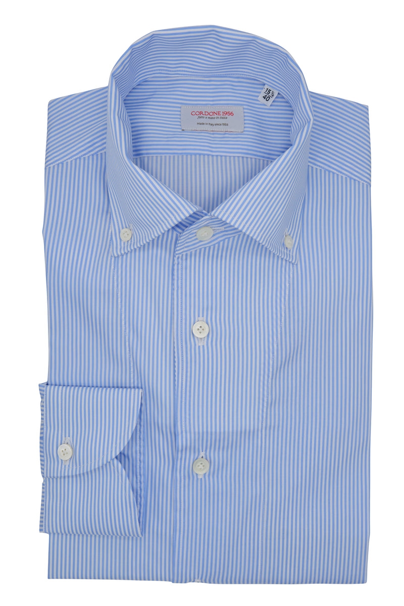 White and Azure  Striped One Piece Collar Button Down Shirt- Italian Cotton - Handmade in Italy