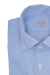 White and Azure  Striped One Piece Collar Button Down Shirt- Italian Cotton - Handmade in Italy