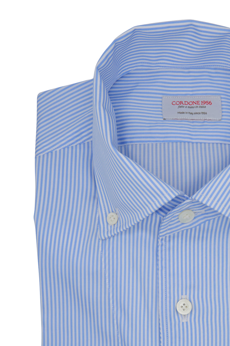 White and Azure  Striped One Piece Collar Button Down Shirt- Italian Cotton - Handmade in Italy