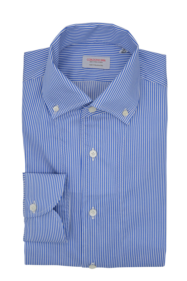 White and Blue Striped One Piece Collar Button Down Shirt- Italian Cotton - Handmade in Italy