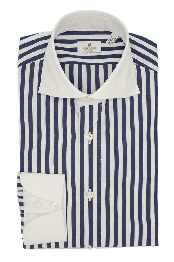 White Collar Bold Striped Blue Popeline Shirt