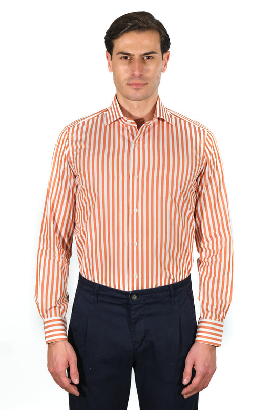 Classic White and Orange Striped Shirt - Italian Cotton - Handmade in Italy - VIP