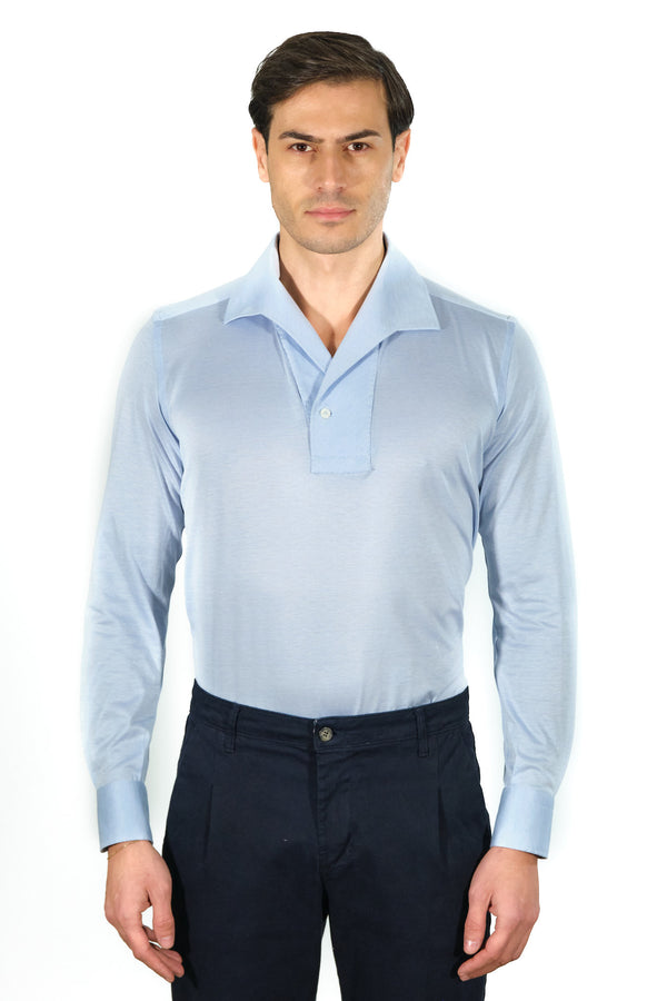 One Piece Collar Azure Polo Shirt  - Italian Cotton - Handmade in Italy