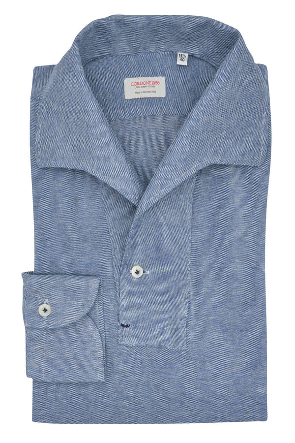 One Piece Collar Blue Polo Shirt  - Italian Cotton - Handmade in Italy