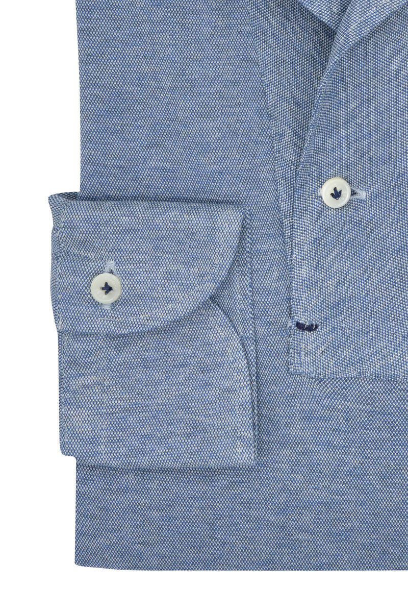 One Piece Collar Blue Polo Shirt  - Italian Cotton - Handmade in Italy
