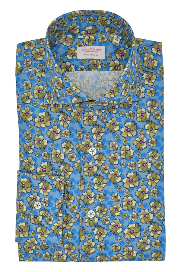 Hawaii Shirt Floral Azure  - Italian Cotton  - Handmade in Italy