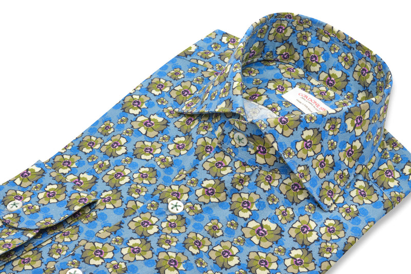 Hawaii Shirt Floral Azure   - Italian Cotton - Handmade in Italy