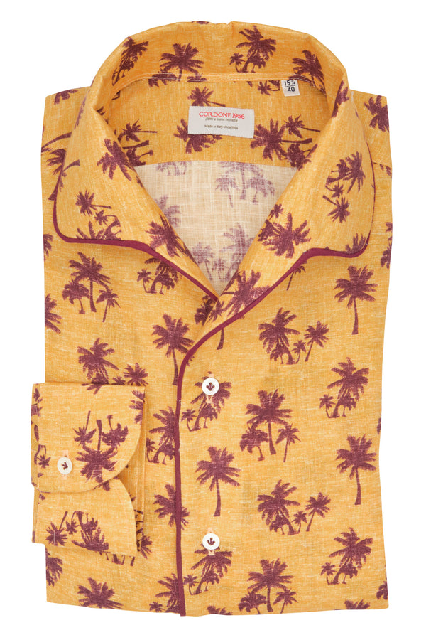 Yellow  Palm Tree Patterned Shirt- Italian Linen - Handmade in Italy