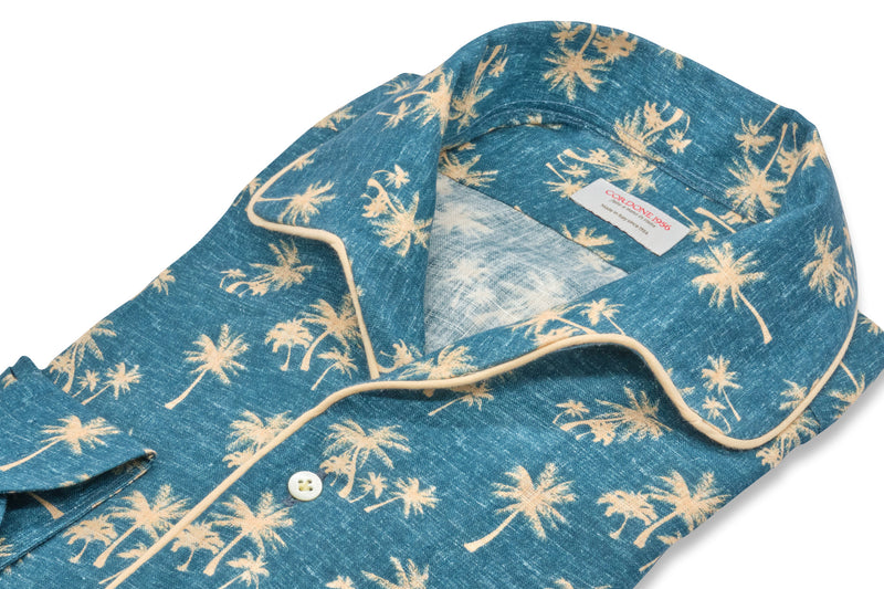 Green Palm Tree Patterned Shirt - Italian Linen  - Handmade in Italy