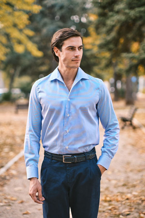 Blue And White Stripes Cotton Capri Collar Shirt- Italian Cotton - Handmade in Italy