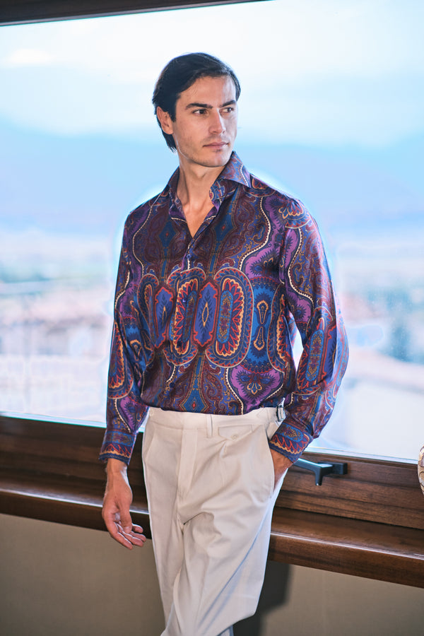 Purple Abstract Silk Shirt - Italian Silk - Handmade in Italy