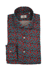 Red linen shirt with light blue flowers