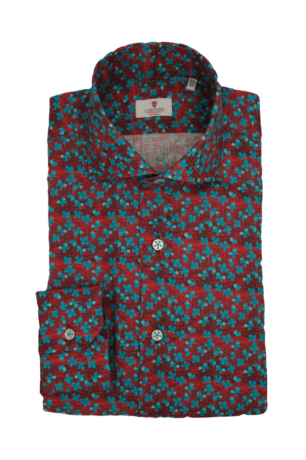 Red linen shirt with light blue flowers