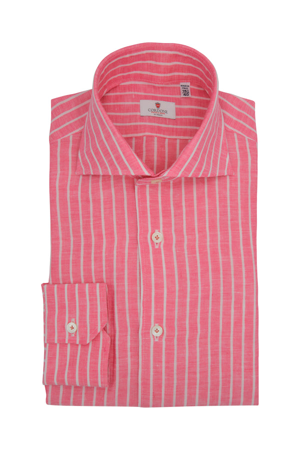 Strawberry linen shirt with narrow white stripes