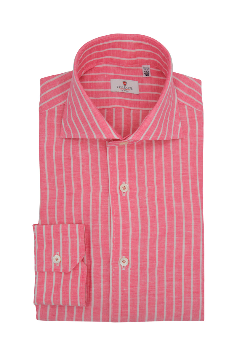 Strawberry linen shirt with narrow white stripes