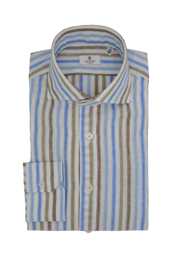 Brown and Light Blue Striped Linen Shirt